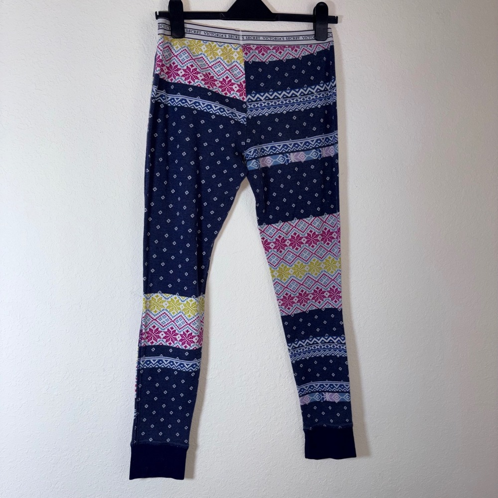 Victoria's Secret Thermal Pajama Leggings Medium Navy Blue Fair Isle Patchwork